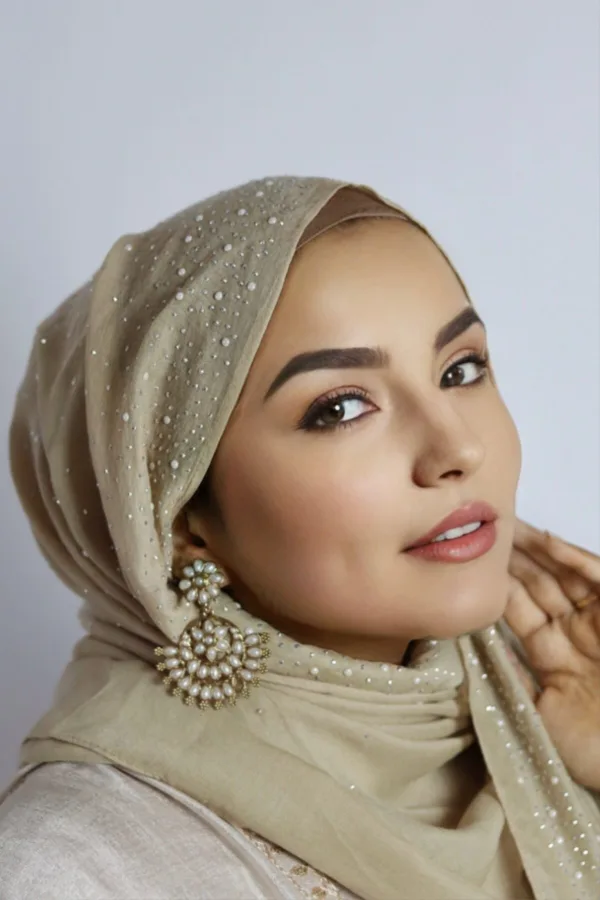 Ivory Beige Cotton Stone Drop Hijab - Image 2