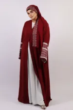 Solidarity Embroidery Keffiyeh Abaya with Matching Hijab - Crimson Moon - Image 4