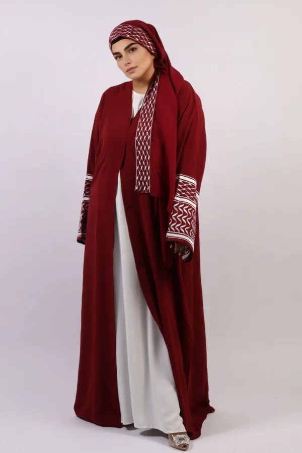 Solidarity Embroidery Keffiyeh Abaya with Matching Hijab - Crimson Moon - Image 4