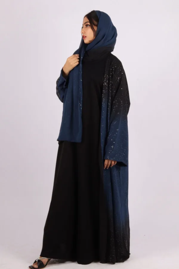 Mehtab Sparkling Glitter Dual Tone Abaya with Front Open - Galactic Blue - Image 3