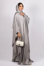 Hoorein Luxury Wedding 3-piece Butterfly Kaftan Abaya Set - Silver Ash