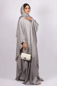 Hoorein Luxury Wedding 3-piece Butterfly Kaftan Abaya Set - Silver Ash