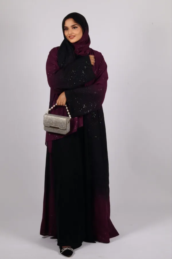 Mehtab Sparkling Glitter Dual Tone Abaya with Front Open - Burgundy Blaze - Image 7