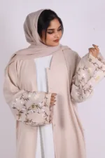 Haseen Embroidered Linen Open Abaya - Creme