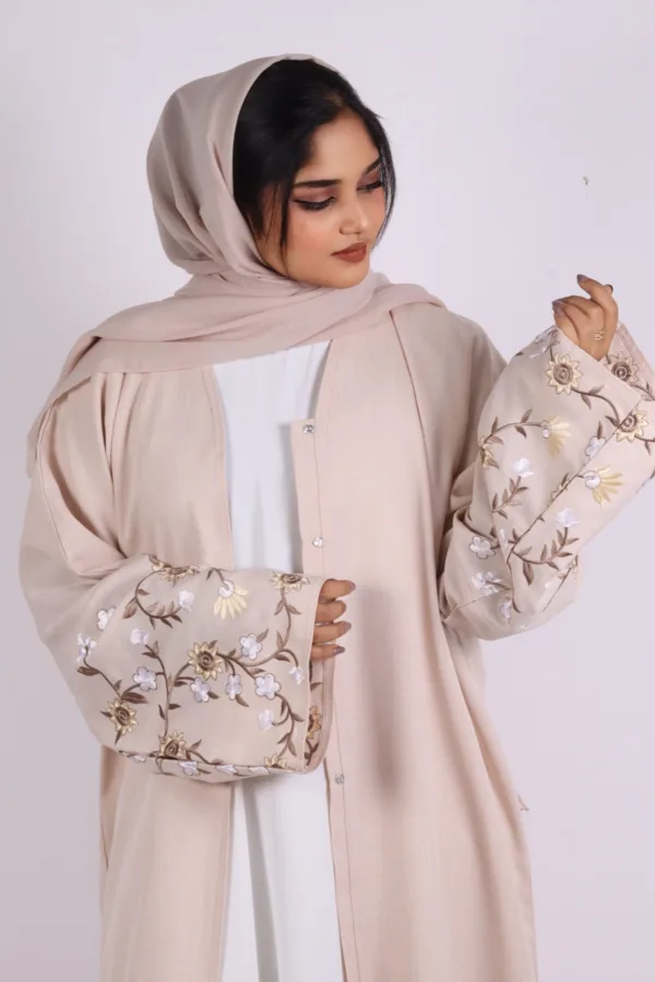 4A6544DA-4286-46CB-83B6-D0E06879A578.jpeg Haseen Embroidered Linen Open Abaya - Creme - Image 1