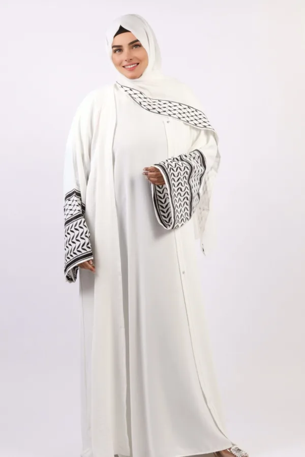 Solidarity Embroidery Keffiyeh Abaya with Matching Hijab - Original White - Image 2