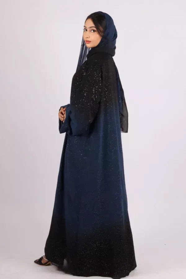 Mehtab Sparkling Glitter Dual Tone Abaya with Front Open - Galactic Blue - Image 7