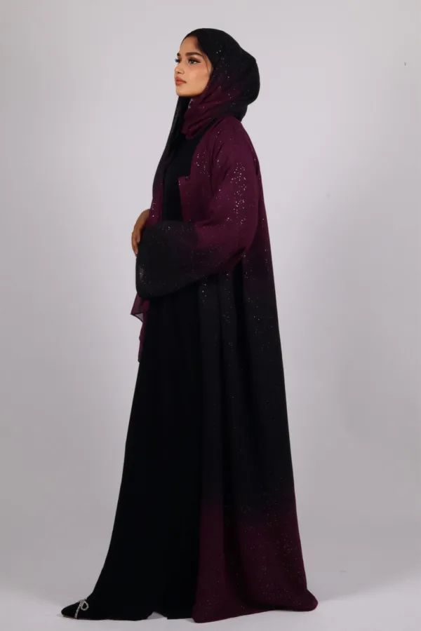 Mehtab Sparkling Glitter Dual Tone Abaya with Front Open - Burgundy Blaze - Image 6