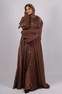 Zahra Full Umbrella Front Open Floral Embroidery Abaya - Espresso