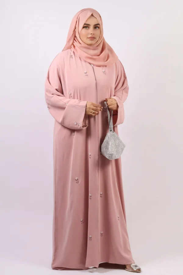 Warda Front Open Luxury Floral Handwork Abaya - Pastel Rose - Image 5