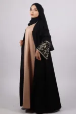 Haseen Embroidered Linen Open Abaya - Black - Image 3