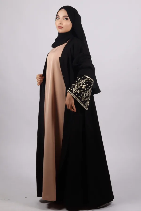 Haseen Embroidered Linen Open Abaya - Black - Image 3