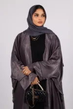 Nadira Luxury Kaftan Front Open with Black Diamond Trim - Platinum - Image 4