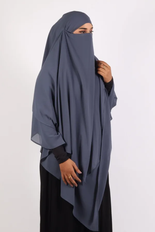 Mallika Double Layer Georgette Princess Khimar - Blue Grey - Image 3