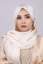 Cream Gold Rhinestone Silk Hijab - Image 2