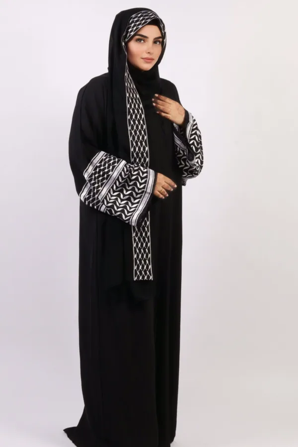 Solidarity Embroidery Keffiyeh Abaya with Matching Hijab - Midnight Black - Image 3
