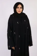 Warda Front Open Luxury Floral Handwork Abaya - Diamond Black - Image 6