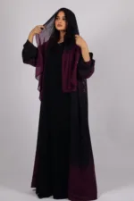 Mehtab Sparkling Glitter Dual Tone Abaya with Front Open - Burgundy Blaze - Image 4