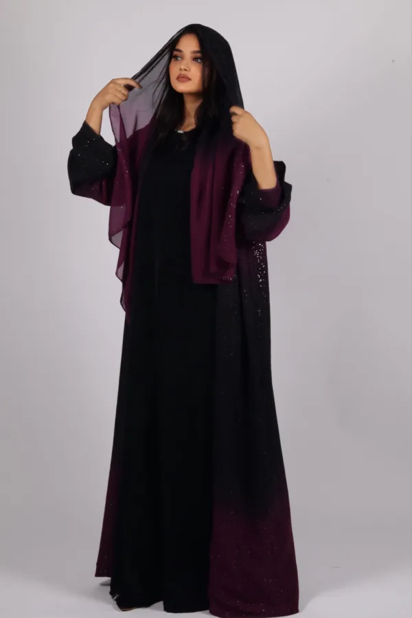 Mehtab Sparkling Glitter Dual Tone Abaya with Front Open - Burgundy Blaze - Image 4