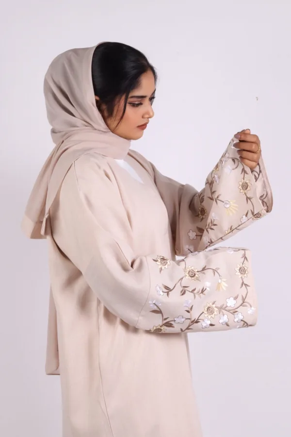 Haseen Embroidered Linen Open Abaya - Creme - Image 6