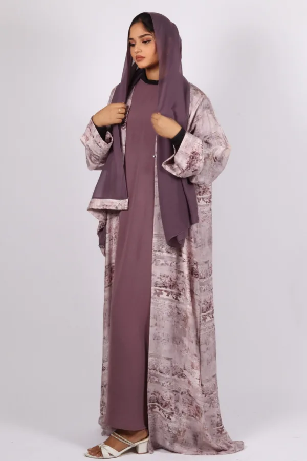 Zephyra Turkish Linen 3-piece Abaya set - Dusty Lilac - Image 2