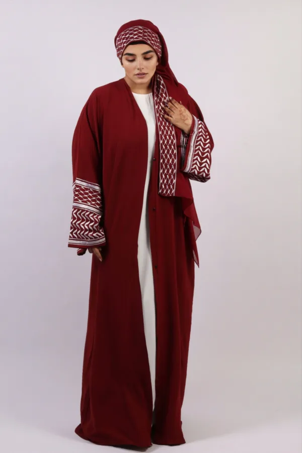 Solidarity Embroidery Keffiyeh Abaya with Matching Hijab - Crimson Moon - Image 6