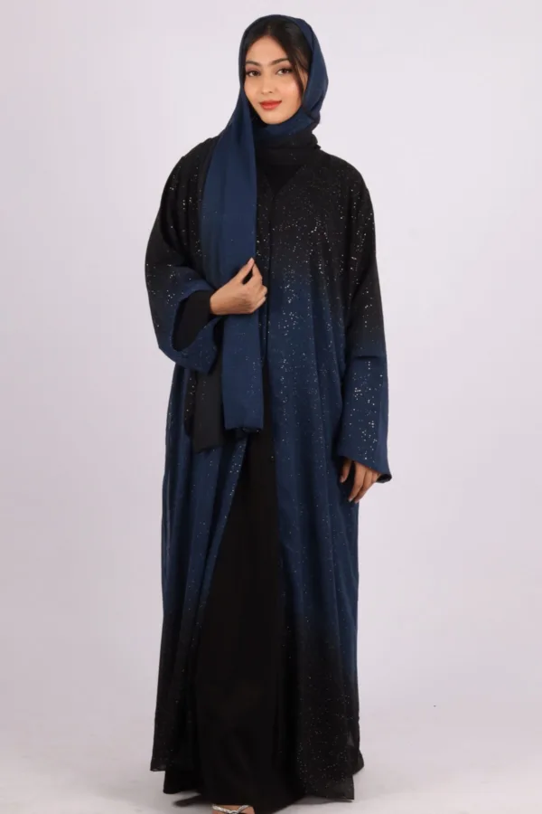 Mehtab Sparkling Glitter Dual Tone Abaya with Front Open - Galactic Blue - Image 4