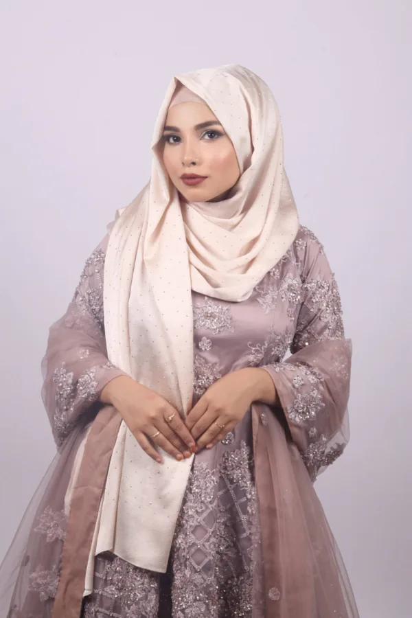 White Gold Rhinestone Silk Hijab - Image 2