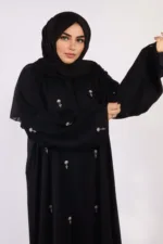 Warda Front Open Luxury Floral Handwork Abaya - Diamond Black - Image 7