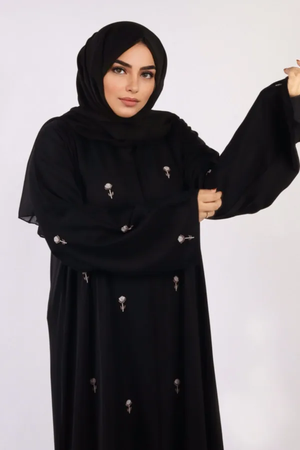 Warda Front Open Luxury Floral Handwork Abaya - Diamond Black - Image 7