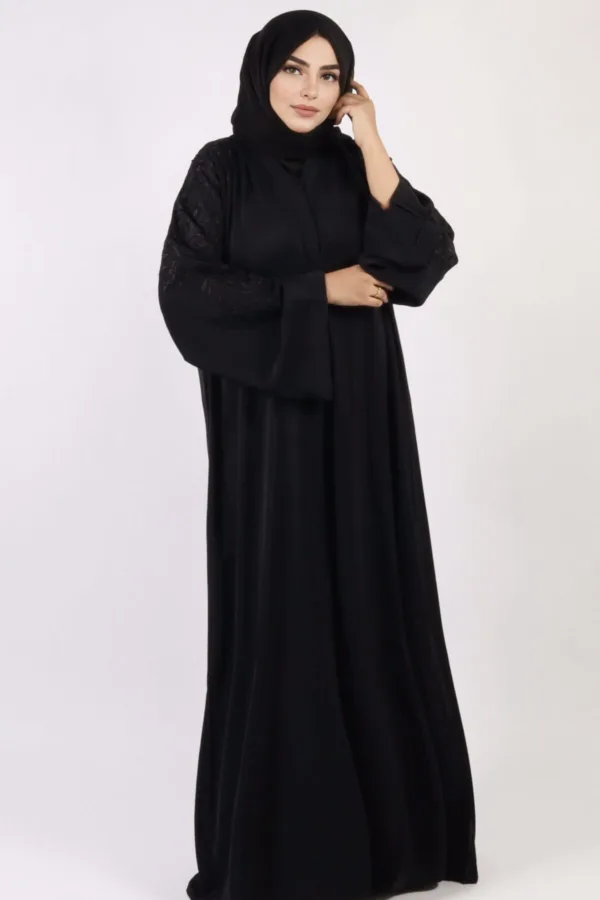 Marhaba Front Open Arabian Embroidery Abaya - Black - Image 2