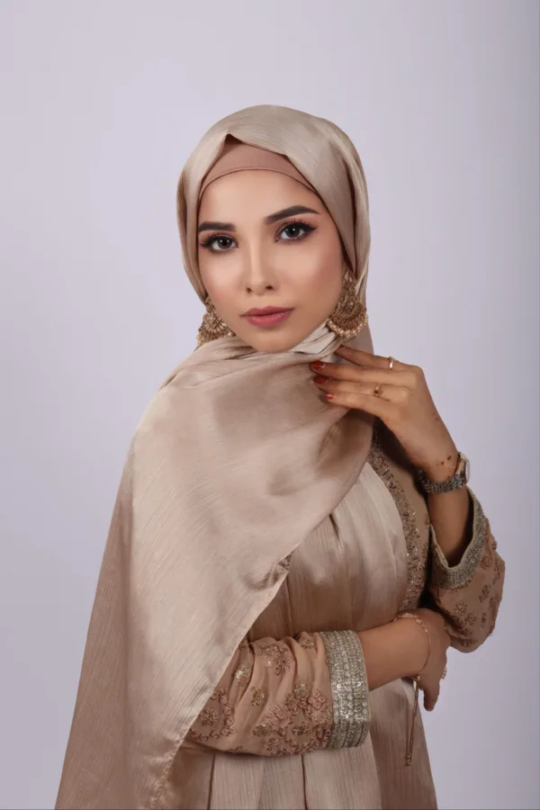 75363BFC-0962-4692-80C3-A201ED24360B.jpeg Light Gold Muna Satin Hijab - Image 1
