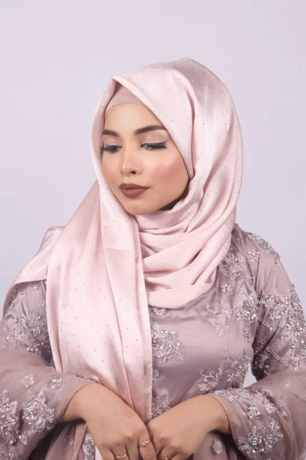 79E060A4-D062-4F89-9E4F-64BFD63D5956-1.jpeg Pink Gold Rhinestone Silk Hijab - Image 1