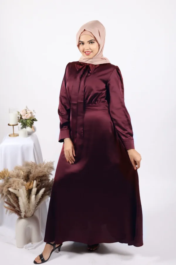 Kiara Luxury Satin Gown / Abaya - Wine - Image 3