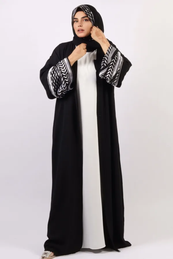Solidarity Embroidery Keffiyeh Abaya with Matching Hijab - Midnight Black - Image 4