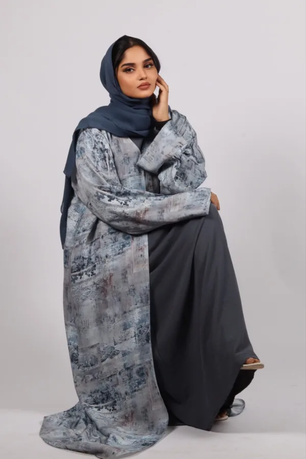 Zephyra Turkish Linen 3-piece Abaya set - Azure Blue - Image 2
