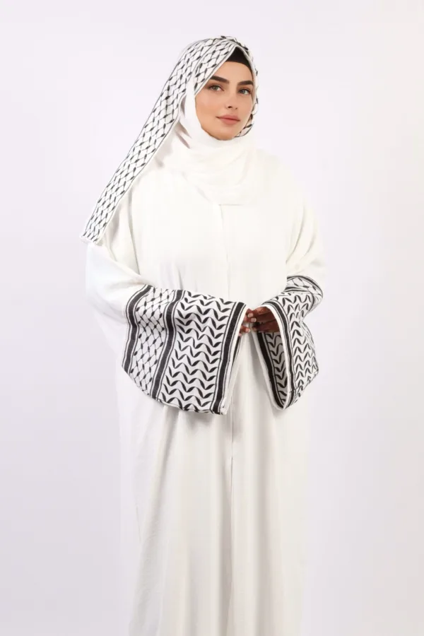 Solidarity Embroidery Keffiyeh Abaya with Matching Hijab - Original White - Image 5