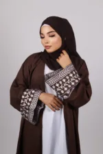 Haseen Embroidered Linen Open Abaya - Coffee - Image 2