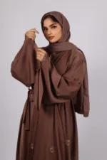 Zahra Full Umbrella Front Open Floral Embroidery Abaya - Espresso - Image 3
