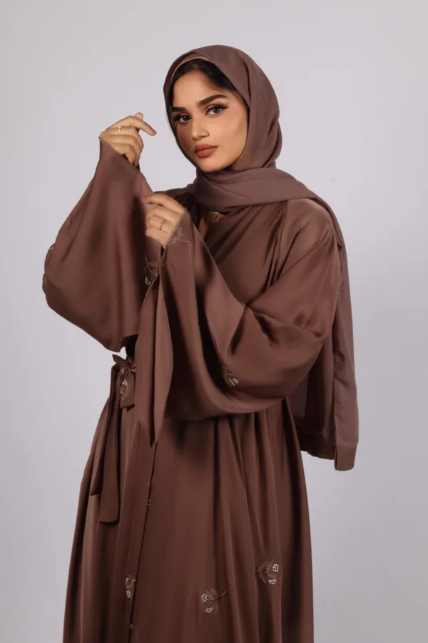 Zahra Full Umbrella Front Open Floral Embroidery Abaya - Espresso - Image 3