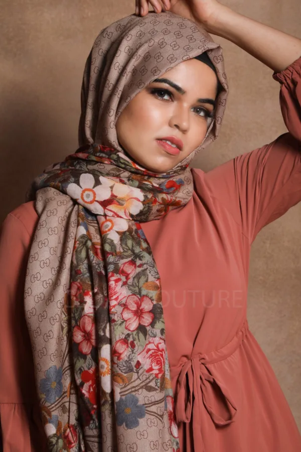 Golden Beige Floral Premium Viscose Hijab - Image 3