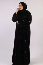Warda Front Open Luxury Floral Handwork Abaya - Diamond Black - Image 3