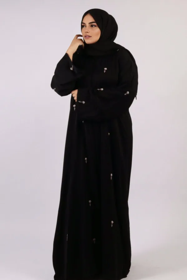 Warda Front Open Luxury Floral Handwork Abaya - Diamond Black - Image 3