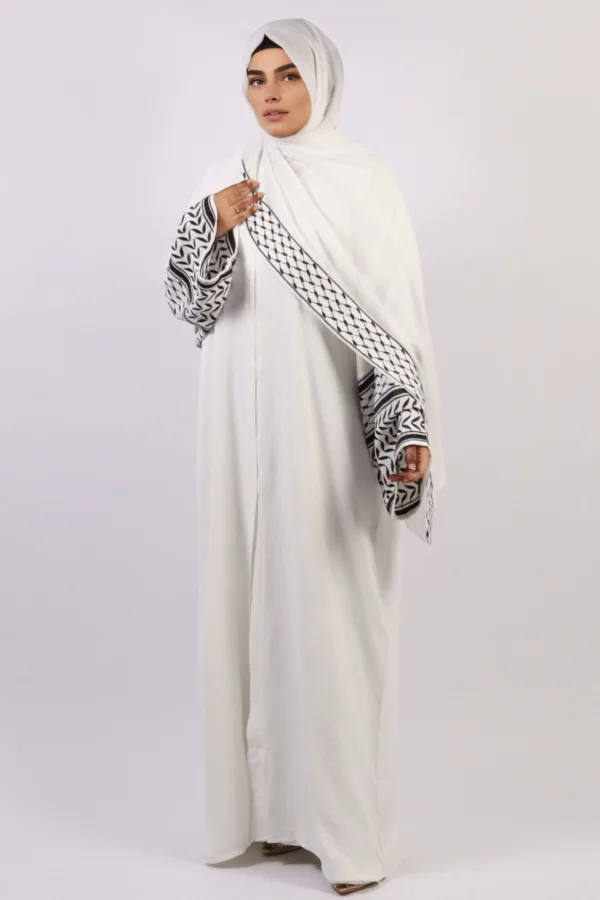 Solidarity Embroidery Keffiyeh Abaya with Matching Hijab - Original White - Image 4