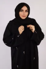 Warda Front Open Luxury Floral Handwork Abaya - Diamond Black - Image 4