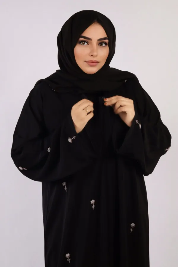 Warda Front Open Luxury Floral Handwork Abaya - Diamond Black - Image 4