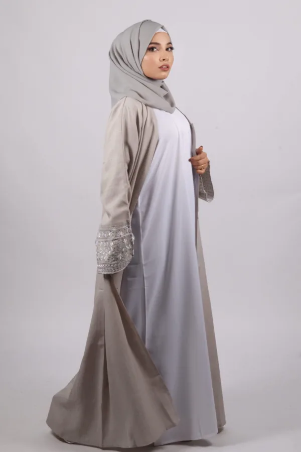 Haseen Embroidered Linen Open Abaya - Silver Ash - Image 3