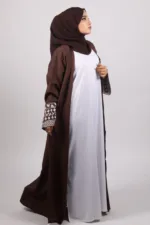 Haseen Embroidered Linen Open Abaya - Coffee - Image 3