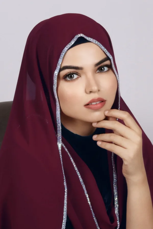 Bridal Maroon Crystal Hijab - Image 1