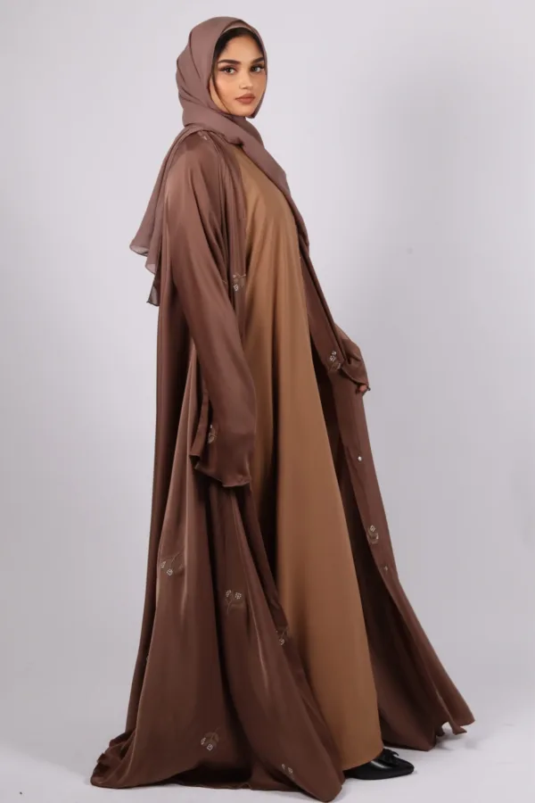 Zahra Full Umbrella Front Open Floral Embroidery Abaya - Espresso - Image 2